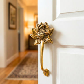 Vintage Handmade Lotus Shaped Brass 10 in. Tall Cabinet Door Pull Handle
