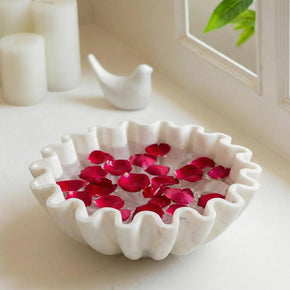 Hand Carved 12 in. Round White Marble Fluted Bowl