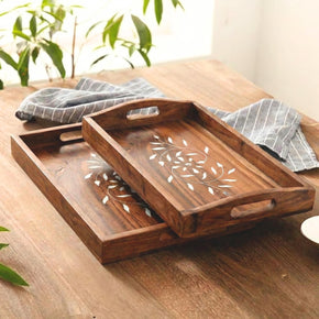 Unique Bone Inlaid Wooden Serving Tray - Set of 2