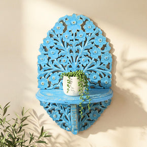 Farmhouse Style Distressed Blue Wooden Lattice Wall Display Shelf