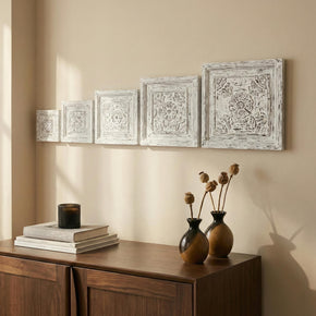 Farmhouse Style Hand Carved Distressed White Solid Wood Panels - Set Of 5