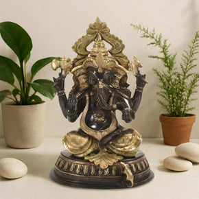 Eclectic 18" Tall Ganesha Brass Sculpture in Gold and Black Finish