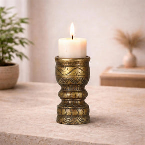 Vintage Wooden Carved Mortar In Gold Finish Candlestand