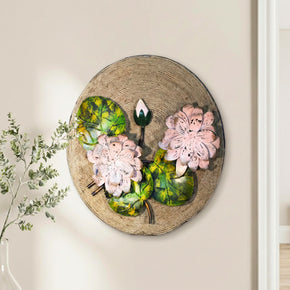 Farmhouse Style Round Wall Art With Rope And Metal Flowers