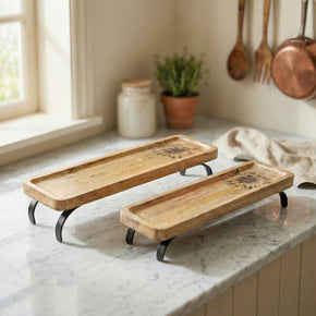 Farmhouse Style Wooden Serving Platter On Metal Stand - Set Of 2