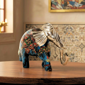 Unusual Wood And Metal Hand Painted Artistic Elephant Figurine