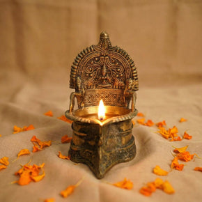 Antique Brass Oil Lamp With Embossed "Lakshmi"
