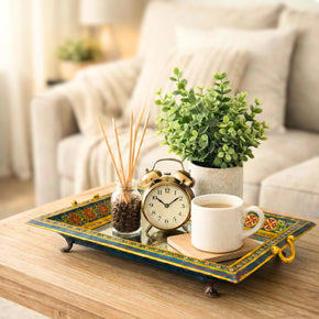 Vintage Hand Painted Lattice Metal Tray With Mirror