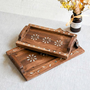 Unique Wooden Decorative Tray With Bone Inlay Flowers- Set of 2