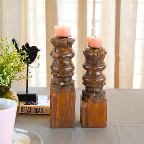 Vintage Carved Column Repurposed Rustic Candlesticks - Set of 2