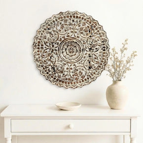 24" Round Lattice Carved Distressed White Solid Wood Wall Panel