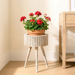 Mid Century Modern 16 in. Round Solid Wood Slatted Planter