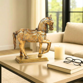 Vintage Solid Wood Carved 16 in. Tall Horse Statue Cladded With Embossed Brass Foil