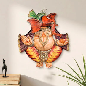 Handcrafted Colorful Hand Painted 36 in. Tall Metal Ganesha Wall Art