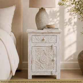 Farmhouse Style Hand Carved Solid Wood Distressed White Nightstands- Set Of 2