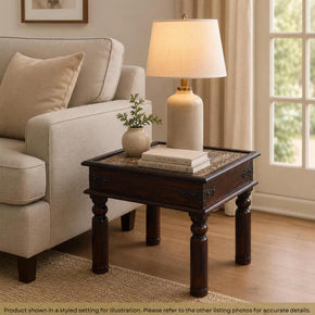 Farmhouse Style Hand Carved Wooden Panel Inset 24 in. Square End Table