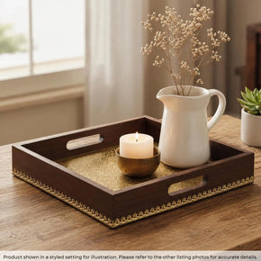 12" Square Solid Wood Tray Beautifully Accented with Hand Embossed Brass Foil