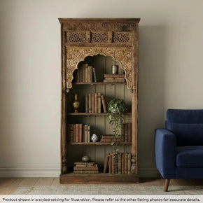 Antique Carved Arch Repurposed 110" Tall Ranch Style Bookcase