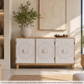 Transitional Style Hand Carved Floral Mandala Two Tone Solid Wood Sideboard