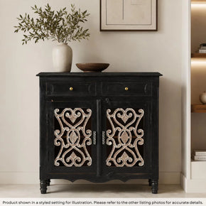 Farmhouse Style Rustic Iron Grill Solid Wood Cabinet With Drawers