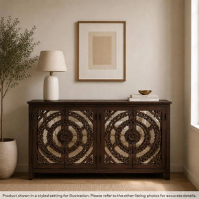 Lotus Carved 4 Door Mango Wood Sideboard With Mirror Accents