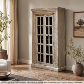 Eclectic Carved Frame Solid Wood Armoire With Glass Pane Doors