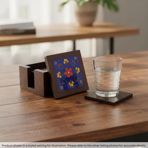Transitional Style 6 Coasters Set With Tile Inset Holder