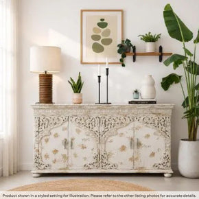 French Style Carved Doors 80 Inches Large Hand Painted White Sideboard Cabinet