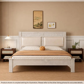Elegant Victorian Style Hand Carved Solid Wood Queen Bed In Distressed White