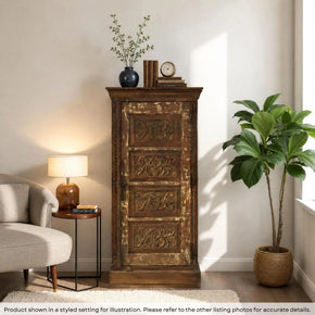 Vintage Carved Single Door 58" Tall Distressed Armoire