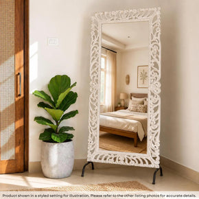 Farmhouse Style Wooden Carved Lattice Distressed White 84 in. Tall Mirror On Stand