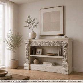 Rustic Antique Carvings Repurposed Solid Wood Display Case In Distressed White Finish