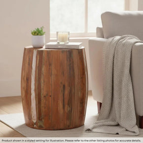 Farmhouse Style Reclaimed Wood 20" Round Drum Side Table