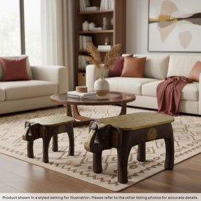 Eclectic Wooden Elephant Bench With Hammered Brass Foil Accents- Set of 2