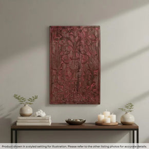 Vintage Handcarved Florals Solid Wood Distressed Red Wall Hanging