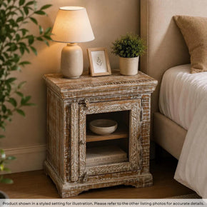 Farmhouse Style Solid Wood Carved Distressed White Nightstand With Glass Door