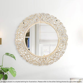 Vintage Wooden Lattice Carved 47 in. Round Distressed White Wall Mirror