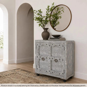 Farmhouse Style Distressed Gray 2-Door Carved Wood Cabinet