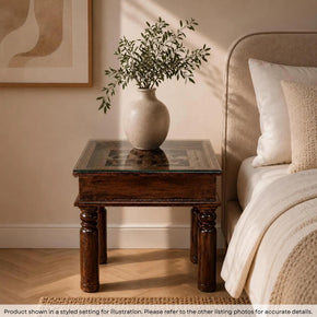 24 in. Square Unique Carved End Table With Brass Pin Accents