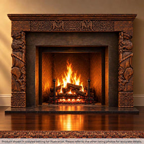 Ranch Style Antique Teak Wood Carvings Repurposed 72" Wide Fireplace Mantel