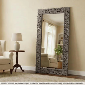 Transitional Style Hand Carved Solid Wood Lattice Mirror In Distressed Gray Finish