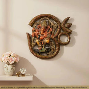 Vintage Wooden Carved Om and Ganesh 12" x12" Wall Hanging