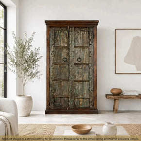 Distressed Blue Teak Wood Antique Door Repurposed 67 in. Tall Bedroom Armoire