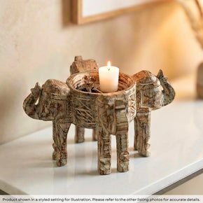 Hand Carved Distressed 4 Elephant Heads Candle Holder