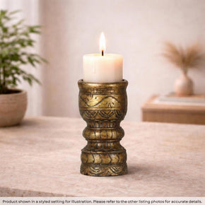 Vintage Wooden Carved Mortar In Gold Finish Candlestand