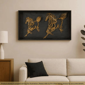 Eclectic Metal Galloping Horses In Wooden Frame Wall Art