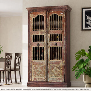 Farmhouse Style Solid Wood Vintage Iron Bar Door Repurposed 80" Tall Curio Armoire