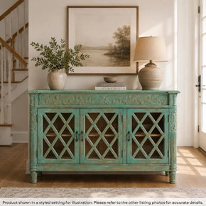 Farmhouse Style Distressed Blue Carved 60 in. Large Sideboard With Glass Doors