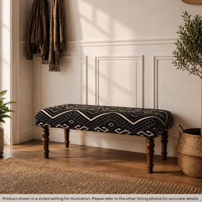36 in. Long Southwestern Black White Upholstered Bench With Wooden Legs