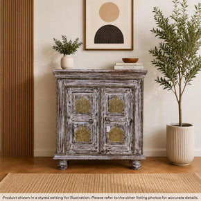Distressed White 2 Door Small Cabinet With Brass Accents